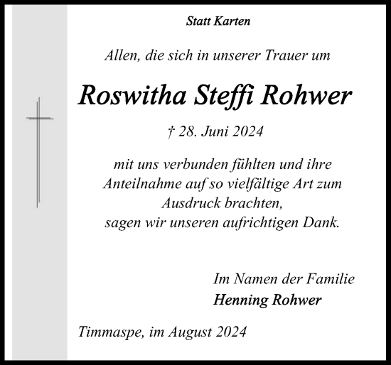 Traueranzeige von Roswitha Steffi Rohwer von Schleswig-Holsteinische Landeszeitung