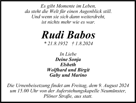 Traueranzeige von Rudi Babos von Holsteinischer Courier