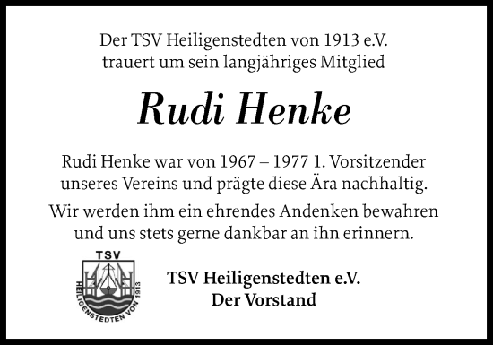 Traueranzeige von Rudi Henke von Norddeutsche Rundschau, Wilstersche Zeitung, Glückstädter Fortuna