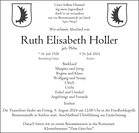 Traueranzeige von Ruth Elisabeth Holler von Norddeutsche Rundschau, Wilstersche Zeitung, Glückstädter Fortuna