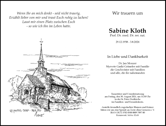 Traueranzeige von Sabine Kloth von Husumer Nachrichten, Nordfriesland Tageblatt