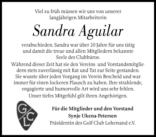Traueranzeige von Sandra Aguilar von Schleswig-Holsteinische Landeszeitung