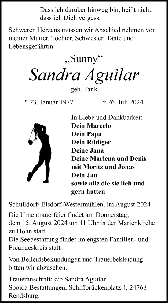 Traueranzeige von Sandra Aguilar von Schleswig-Holsteinische Landeszeitung