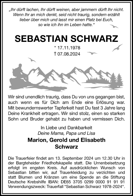 Traueranzeige von Sebastian Schwarz von Stormaner Tageblatt