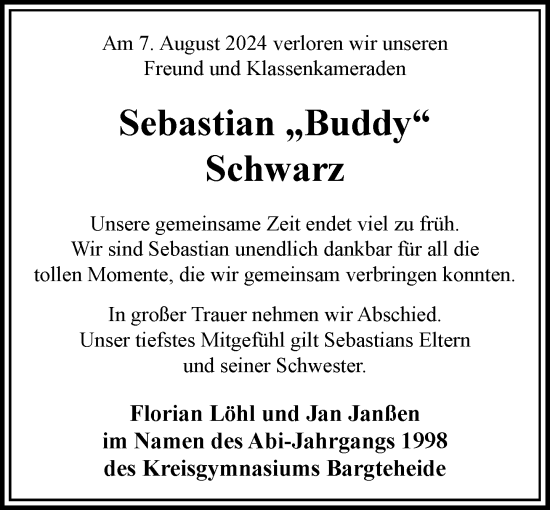 Traueranzeige von Sebastian Schwarz von Stormaner Tageblatt