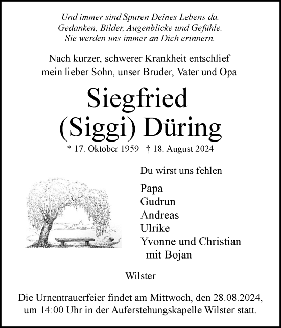 Traueranzeige von Siegfried Düring von Norddeutsche Rundschau, Wilstersche Zeitung, Glückstädter Fortuna