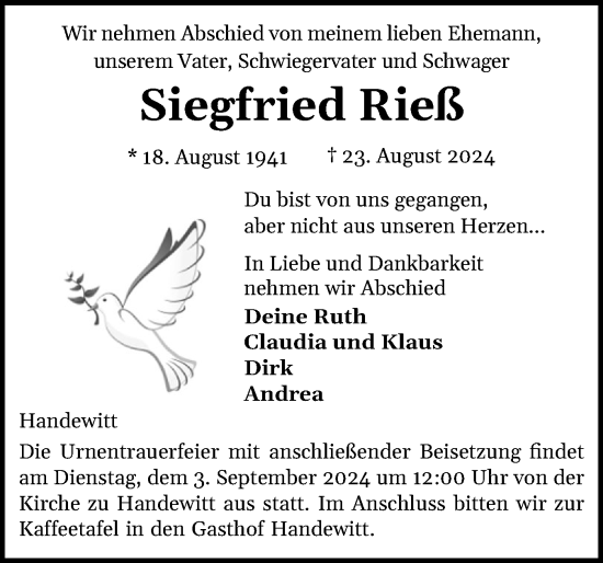 Traueranzeige von Siegfried Rieß von Flensburger Tageblatt