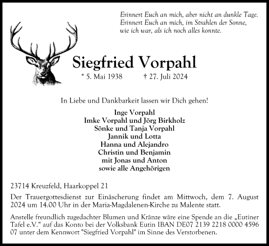 Traueranzeige von Siegfried Vorpahl von Ostholsteiner Anzeiger