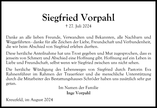 Traueranzeige von Siegfried Vorpahl von Ostholsteiner Anzeiger