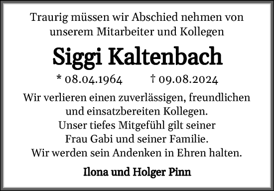 Traueranzeige von Siggi Kaltenbach von Flensburger Tageblatt