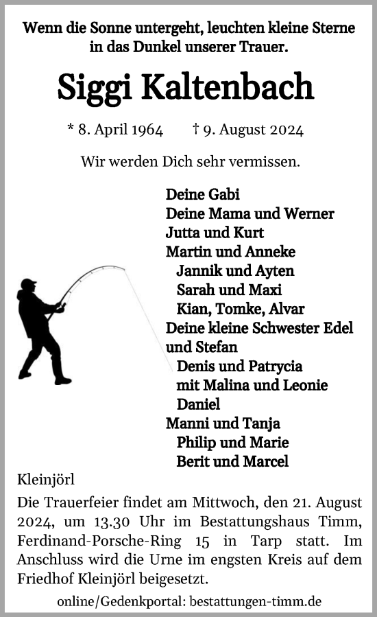 Traueranzeige von Siggi Kaltenbach von Flensburger Tageblatt