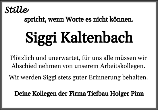 Traueranzeige von Siggi Kaltenbach von Flensburger Tageblatt
