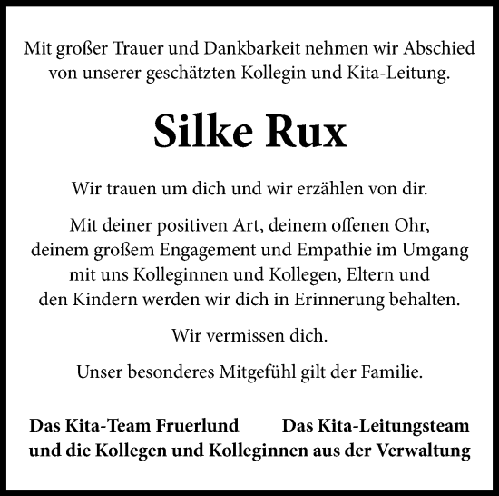Traueranzeige von Silke Rux von Flensburger Tageblatt