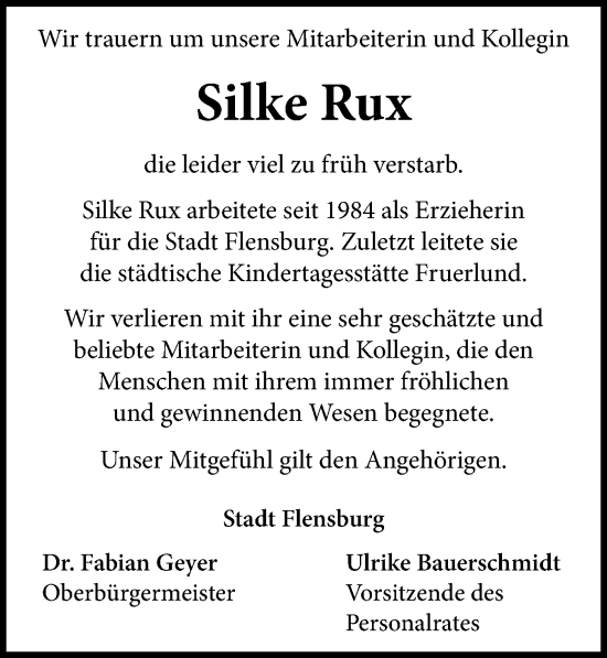 Traueranzeige von Silke Rux von Flensburger Tageblatt