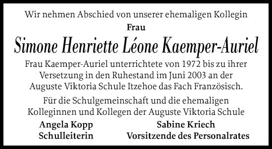 Traueranzeige von Simone Henriette Leone Kaemper-Auriel von Norddeutsche Rundschau, Wilstersche Zeitung, Glückstädter Fortuna