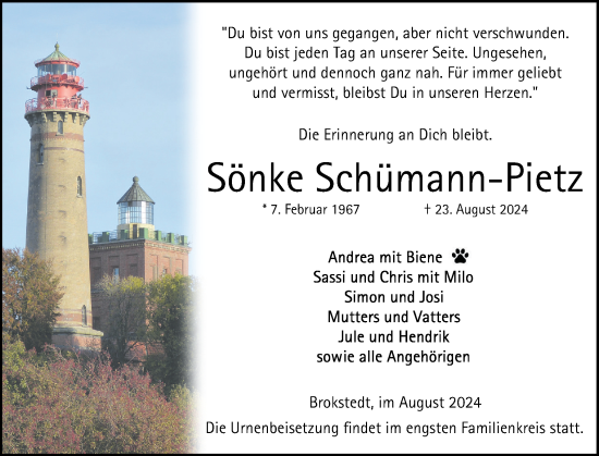 Traueranzeige von Sönke Schümann-Pietz von Norddeutsche Rundschau, Wilstersche Zeitung, Glückstädter Fortuna