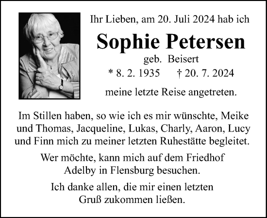Traueranzeige von Sophie Petersen von Flensburger Tageblatt