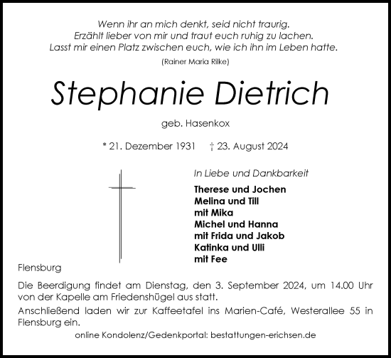 Traueranzeige von Stephanie Dietrich von Flensburger Tageblatt