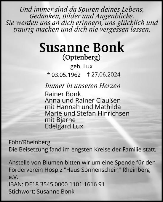 Traueranzeige von Susanne Bonk von Der Insel-Bote