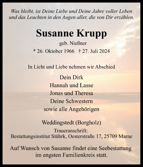 Traueranzeige von Susanne Krupp von Schleswig-Holsteinische Landeszeitung