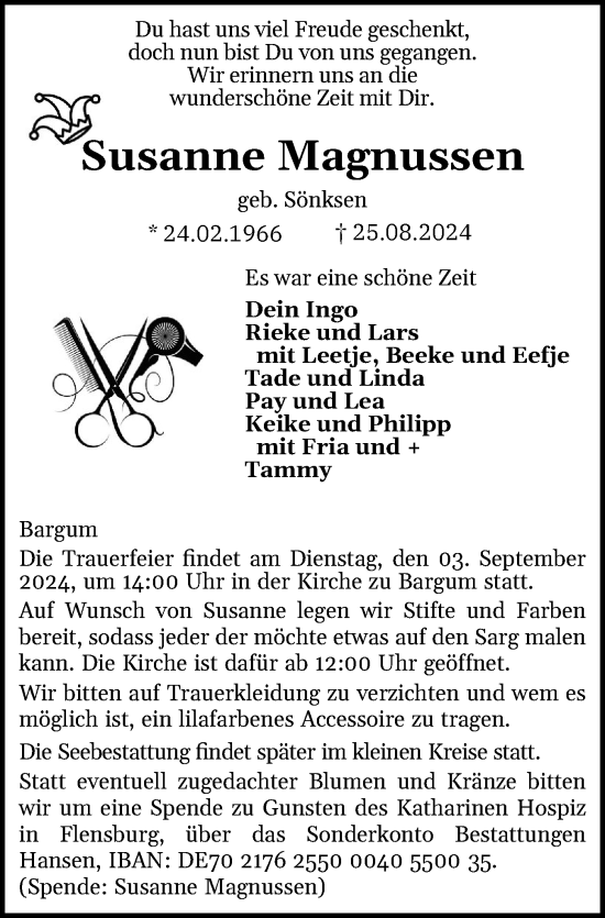 Traueranzeige von Susanne Magnussen von Husumer Nachrichten, Nordfriesland Tageblatt
