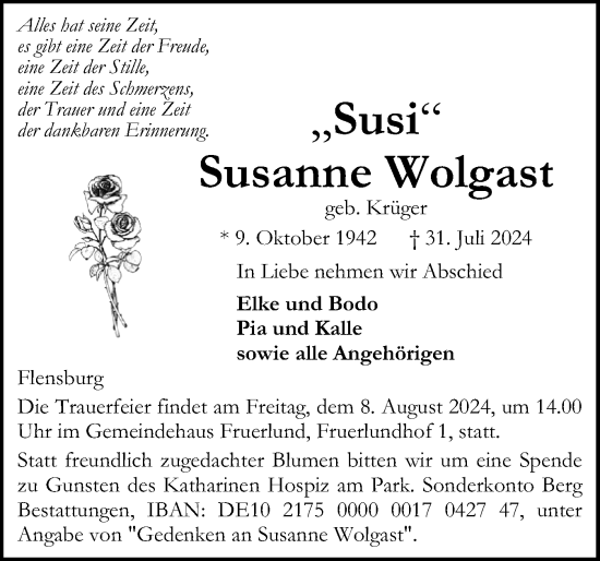 Traueranzeige von Susanne Wolgast von Flensburger Tageblatt