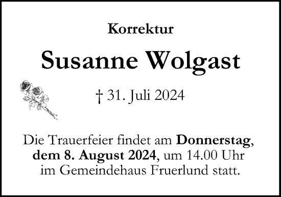 Traueranzeige von Susanne Wolgast von Flensburger Tageblatt