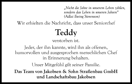 Traueranzeige von Teddy  von Husumer Nachrichten, Nordfriesland Tageblatt