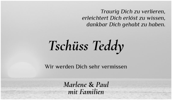 Traueranzeige von Teddy  von Husumer Nachrichten, Nordfriesland Tageblatt