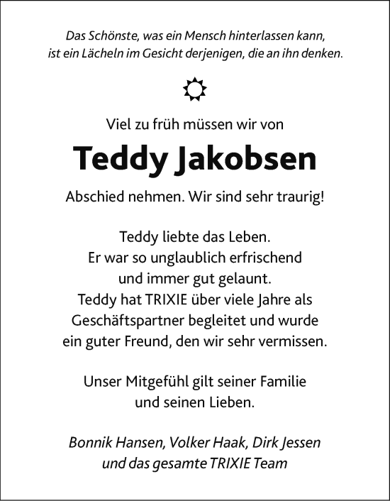 Traueranzeige von Teddy Jakobsen von Flensburger Tageblatt