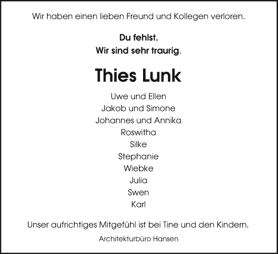 Traueranzeige von Thies Lunk von Sylter Rundschau