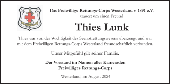 Traueranzeige von Thies Lunk von Sylter Rundschau