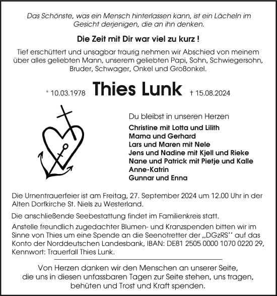 Traueranzeige von Thies Lunk von Sylter Rundschau