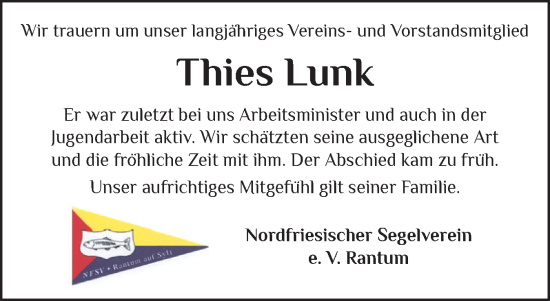 Traueranzeige von Thies Lunk von Sylter Rundschau
