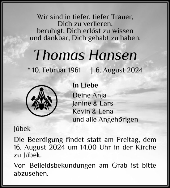 Traueranzeige von Thomas Hansen von Schleswiger Nachrichten, Schlei-Bote
