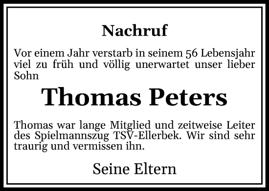 Traueranzeige von Thomas Peters von Region Pinneberg und tip Pinneberg