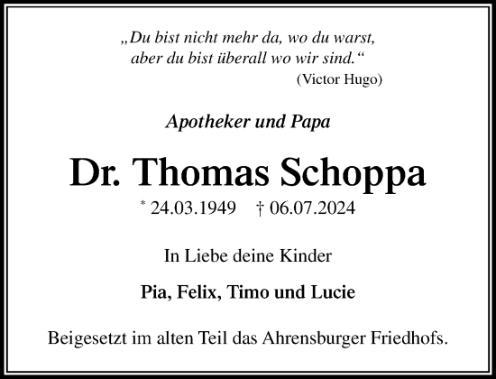 Traueranzeige von Thomas Schoppa von Stormaner Tageblatt