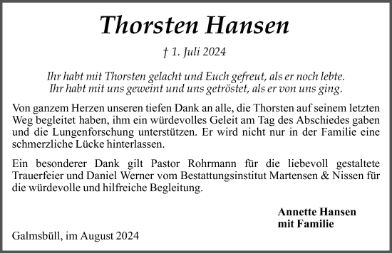 Traueranzeige von Thorsten Hansen von Husumer Nachrichten, Nordfriesland Tageblatt