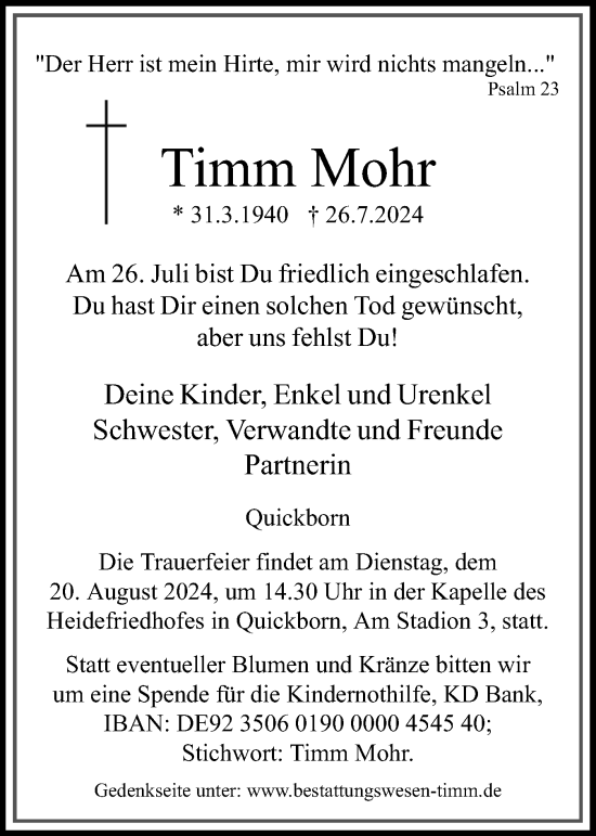 Traueranzeige von Timm Mohr von Region Pinneberg und tip Pinneberg
