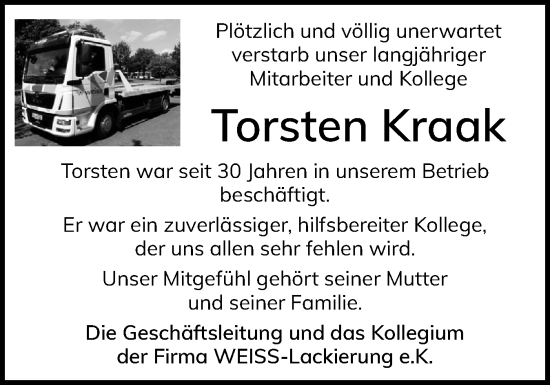 Traueranzeige von Torsten Kraak von Flensburger Tageblatt