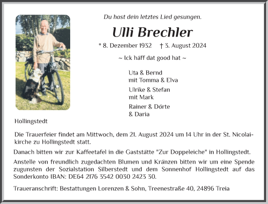 Traueranzeige von Ulli Brechler von Region Flensburg