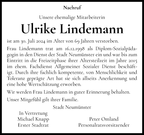 Traueranzeige von Ulrike Lindemann von Holsteinischer Courier