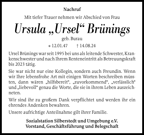 Traueranzeige von Ursula Brünings von Schleswiger Nachrichten, Schlei-Bote