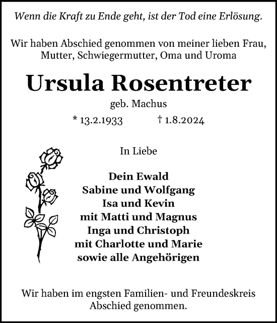 Traueranzeige von Ursula Rosentreter von Schleswiger Nachrichten, Schlei-Bote