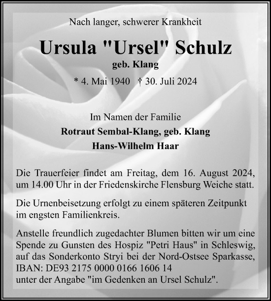 Traueranzeige von Ursula  Schulz von Flensburger Tageblatt