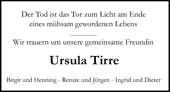 Traueranzeige von Ursula Tirre von Stormaner Tageblatt