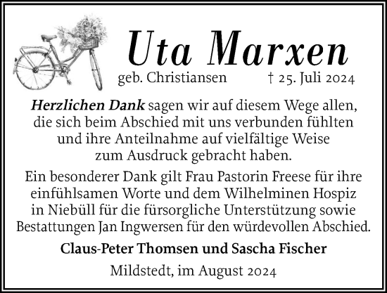 Traueranzeige von Uta Marxen von Husumer Nachrichten, Nordfriesland Tageblatt