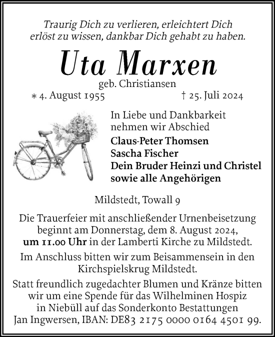 Traueranzeige von Uta Marxen von Husumer Nachrichten, Nordfriesland Tageblatt