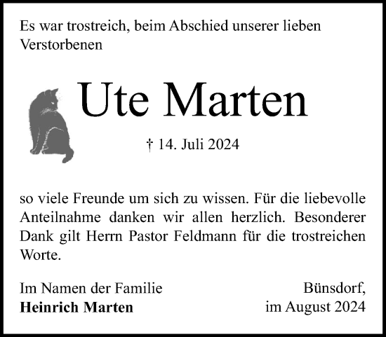 Traueranzeige von Ute Marten von Schleswig-Holsteinische Landeszeitung