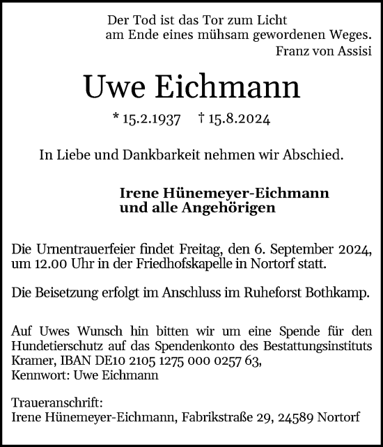 Traueranzeige von Uwe Eichmann von Holsteinischer Courier